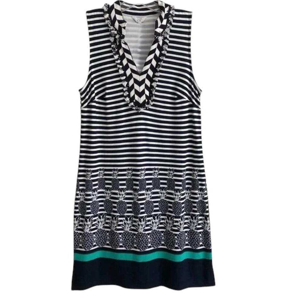 Crown & Ivy Navy Blue White Stripe Cayo Coco Pineapple Sleeveless Dress S